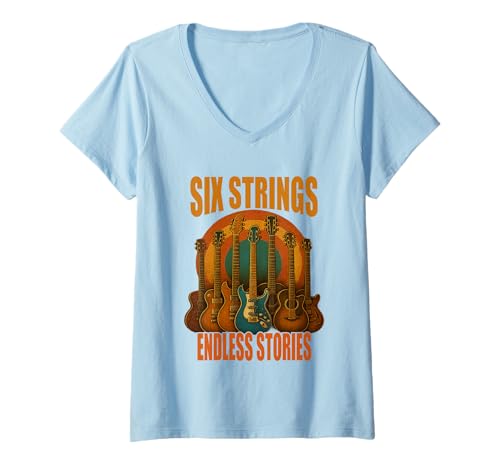 Damen Six Strings Endless Stories Gitarre Musiker Shirt T-Shirt mit V-Ausschnitt Damen Six Strings Endless Stories Gitarre Musiker Shirt T-Shirt mit V-Ausschnitt von Gitarre Musik Rock Jazz Akustik E-Gitarre Vintage