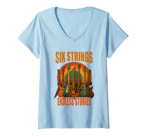 Damen Six Strings Endless Stories Gitarre Musiker Shirt T-Shirt mit V-Ausschnitt Damen Six Strings Endless Stories Gitarre Musiker Shirt T-Shirt mit V-Ausschnitt von Gitarre Musik Rock Jazz Akustik E-Gitarre Vintage
