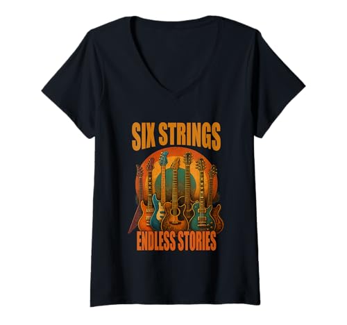 Damen Six Strings Endless Stories Gitarre Musiker Shirt T-Shirt mit V-Ausschnitt Damen Six Strings Endless Stories Gitarre Musiker Shirt T-Shirt mit V-Ausschnitt von Gitarre Musik Rock Jazz Akustik E-Gitarre Vintage