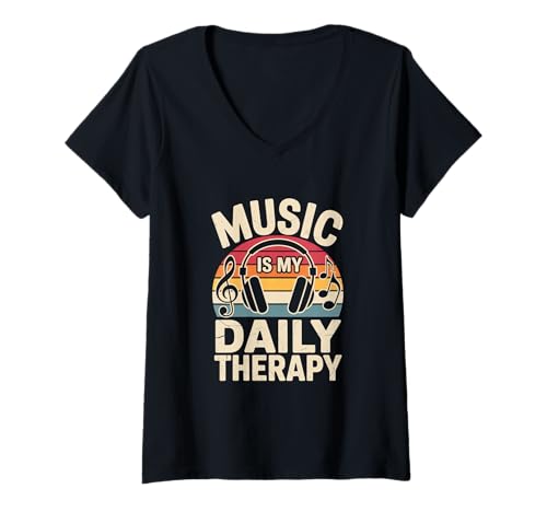 Damen music is my daily therapy edm disco musiker kopfhörer T-Shirt mit V-Ausschnitt von Gitarre Musik Zitate Noten Design für Musikliebe