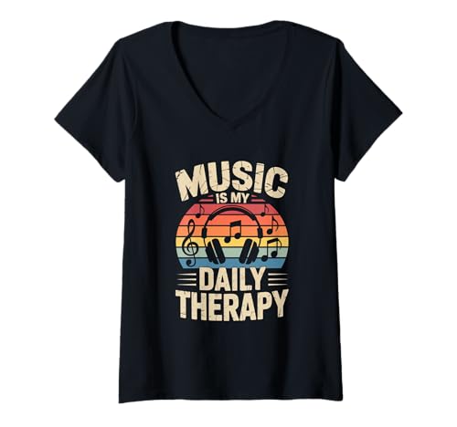 Damen music is my daily therapy edm disco musiker kopfhörer T-Shirt mit V-Ausschnitt von Gitarre Musik Zitate Noten Design für Musikliebe