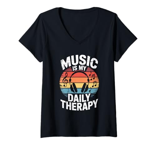 Damen music is my daily therapy edm disco musiker kopfhörer T-Shirt mit V-Ausschnitt von Gitarre Musik Zitate Noten Design für Musikliebe