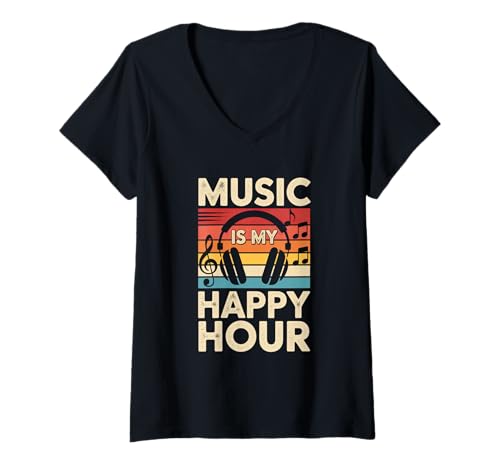 Damen music is my happy hour edm disco musiker kopfhörer T-Shirt mit V-Ausschnitt von Gitarre Musik Zitate Noten Design für Musikliebe