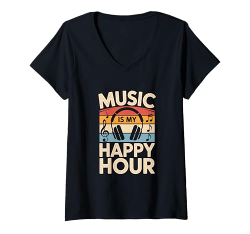 Damen music is my happy hour edm disco musiker kopfhörer T-Shirt mit V-Ausschnitt von Gitarre Musik Zitate Noten Design für Musikliebe