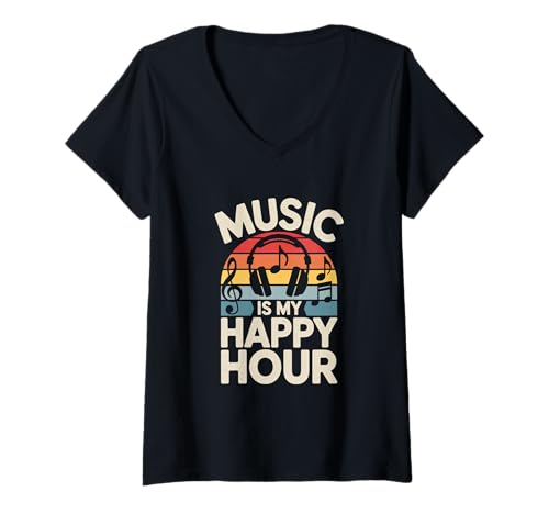 Damen music is my happy hour edm disco musiker kopfhörer T-Shirt mit V-Ausschnitt von Gitarre Musik Zitate Noten Design für Musikliebe