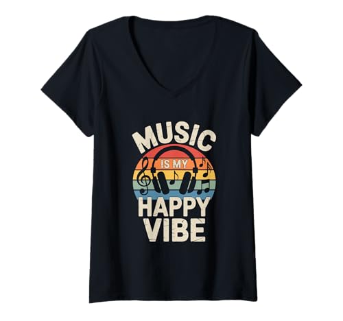 Damen music is my happy vibe edm disco musiker kopfhörer T-Shirt mit V-Ausschnitt von Gitarre Musik Zitate Noten Design für Musikliebe