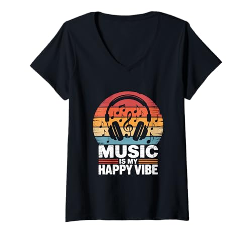 Damen music is my happy vibe edm disco musiker kopfhörer T-Shirt mit V-Ausschnitt von Gitarre Musik Zitate Noten Design für Musikliebe