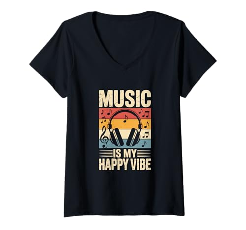 Damen music is my happy vibe edm disco musiker kopfhörer T-Shirt mit V-Ausschnitt von Gitarre Musik Zitate Noten Design für Musikliebe