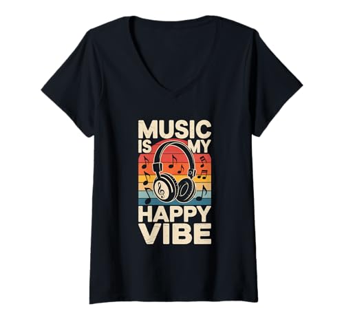Damen music is my happy vibe edm disco musiker kopfhörer T-Shirt mit V-Ausschnitt von Gitarre Musik Zitate Noten Design für Musikliebe