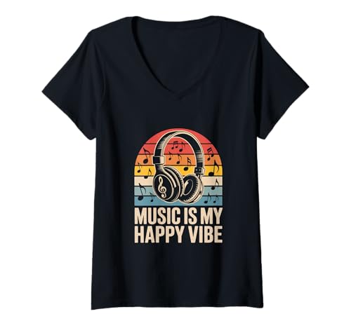Damen music is my happy vibe edm disco musiker kopfhörer T-Shirt mit V-Ausschnitt von Gitarre Musik Zitate Noten Design für Musikliebe