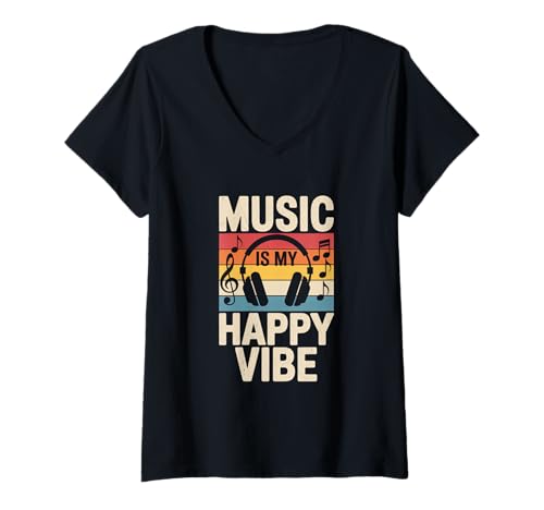 Damen music is my happy vibe edm disco musiker kopfhörer T-Shirt mit V-Ausschnitt von Gitarre Musik Zitate Noten Design für Musikliebe