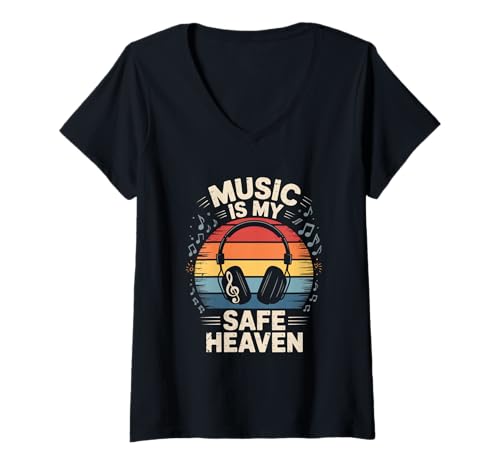 Damen music is my safe heaven edm disco musiker kopfhörer T-Shirt mit V-Ausschnitt von Gitarre Musik Zitate Noten Design für Musikliebe