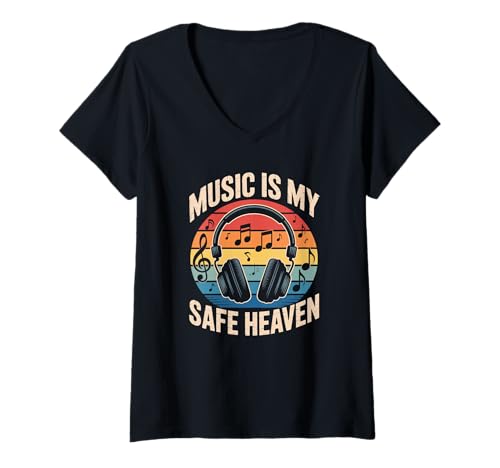 Damen music is my safe heaven edm disco musiker kopfhörer T-Shirt mit V-Ausschnitt von Gitarre Musik Zitate Noten Design für Musikliebe