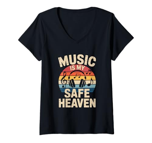Damen music is my safe heaven edm disco musiker kopfhörer T-Shirt mit V-Ausschnitt von Gitarre Musik Zitate Noten Design für Musikliebe
