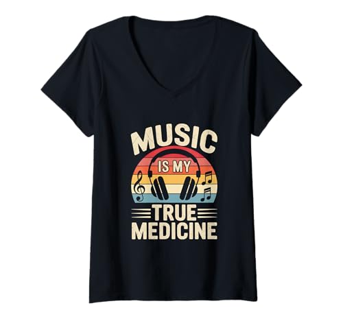 Damen music is my true medicine edm disco musiker kopfhörer T-Shirt mit V-Ausschnitt von Gitarre Musik Zitate Noten Design für Musikliebe
