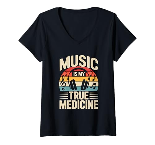 Damen music is my true medicine edm disco musiker kopfhörer T-Shirt mit V-Ausschnitt von Gitarre Musik Zitate Noten Design für Musikliebe