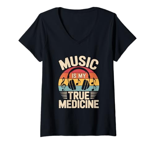 Damen music is my true medicine edm disco musiker kopfhörer T-Shirt mit V-Ausschnitt von Gitarre Musik Zitate Noten Design für Musikliebe