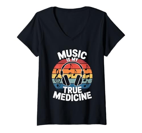 Damen music is my true medicine edm disco musiker kopfhörer T-Shirt mit V-Ausschnitt von Gitarre Musik Zitate Noten Design für Musikliebe