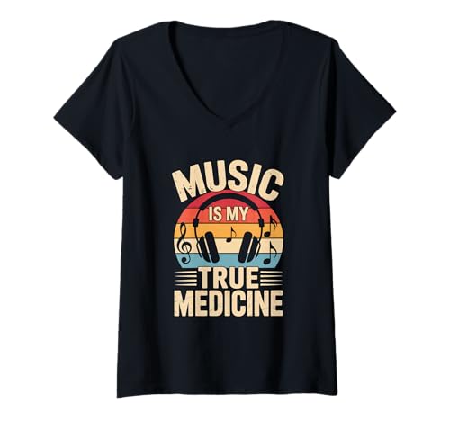 Damen music is my true medicine edm disco musiker kopfhörer T-Shirt mit V-Ausschnitt von Gitarre Musik Zitate Noten Design für Musikliebe