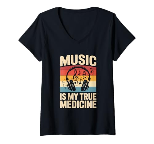 Damen music is my true medicine edm disco musiker kopfhörer T-Shirt mit V-Ausschnitt von Gitarre Musik Zitate Noten Design für Musikliebe