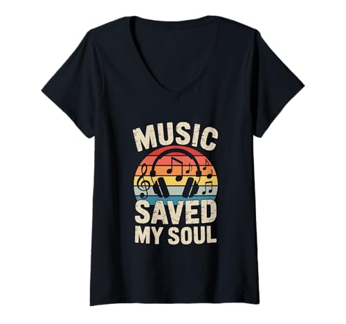 Damen music saved my soul edm disco musiker kopfhörer T-Shirt mit V-Ausschnitt von Gitarre Musik Zitate Noten Design für Musikliebe