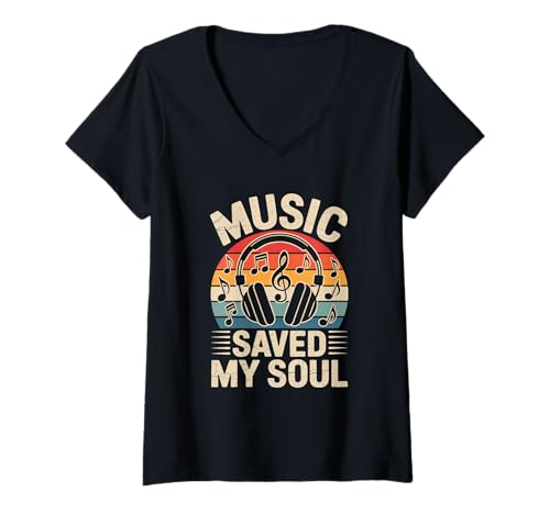 Damen music saved my soul edm disco musiker kopfhörer T-Shirt mit V-Ausschnitt von Gitarre Musik Zitate Noten Design für Musikliebe