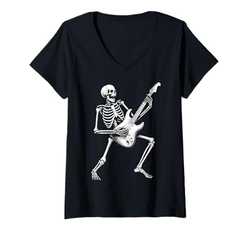 Damen Skeleton Gitarre Heavy Metal T-Shirt mit V-Ausschnitt Damen Skeleton Gitarre Heavy Metal T-Shirt mit V-Ausschnitt von Gitarre Musiker Gitarrist Halloween Punk
