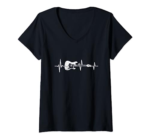 Damen Gitarrist Herzschlag Rock Musik Vintage Gitarre T-Shirt mit V-Ausschnitt von Gitarren Geschenke für Gitarrenspieler