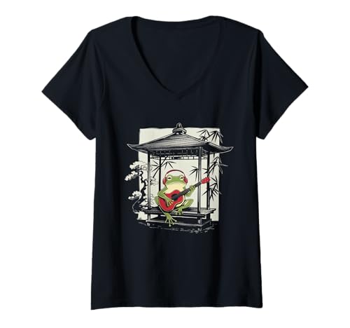 Damen Frosch Tshirt Gitarre Rockmusik Kawaii Japan Anime T-Shirt mit V-Ausschnitt von Gitarrist TShirt Japanische Frosch Rock musik
