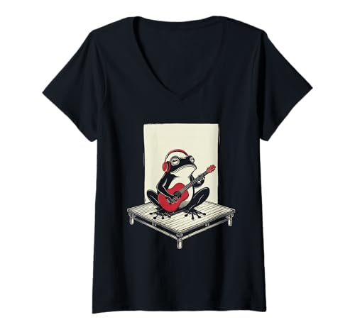 Damen Frosch Tshirt Gitarre Rockmusik Kawaii Japan Anime T-Shirt mit V-Ausschnitt Damen Frosch Tshirt Gitarre Rockmusik Kawaii Japan Anime T-Shirt mit V-Ausschnitt von Gitarrist TShirt Japanische Frosch Rock musik