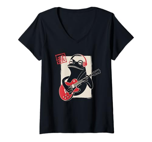 Damen Frosch Tshirt Gitarre Rockmusik Kawaii Japan Anime T-Shirt mit V-Ausschnitt Damen Frosch Tshirt Gitarre Rockmusik Kawaii Japan Anime T-Shirt mit V-Ausschnitt von Gitarrist TShirt Japanische Frosch Rock musik