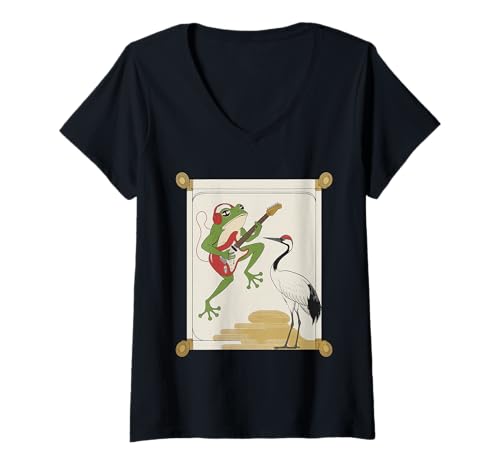 Damen Frosch Tshirt Gitarre Rockmusik Kawaii Japan Anime T-Shirt mit V-Ausschnitt Damen Frosch Tshirt Gitarre Rockmusik Kawaii Japan Anime T-Shirt mit V-Ausschnitt von Gitarrist TShirt Japanische Frosch Rock musik