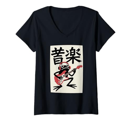 Damen Frosch Tshirt Gitarre Rockmusik Kawaii Japan Anime T-Shirt mit V-Ausschnitt Damen Frosch Tshirt Gitarre Rockmusik Kawaii Japan Anime T-Shirt mit V-Ausschnitt von Gitarrist TShirt Japanische Frosch Rock musik