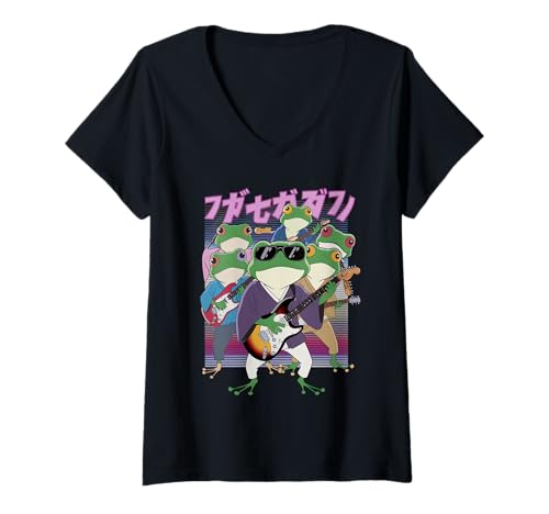 Damen Frosch Tshirt Gitarre Rockmusik Kawaii Japan Anime T-Shirt mit V-Ausschnitt Damen Frosch Tshirt Gitarre Rockmusik Kawaii Japan Anime T-Shirt mit V-Ausschnitt von Gitarrist TShirt Japanische Frosch Rock musik