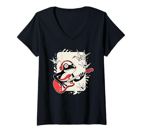 Damen Frosch Tshirt Gitarre Rockmusik Kawaii Japan Anime T-Shirt mit V-Ausschnitt Damen Frosch Tshirt Gitarre Rockmusik Kawaii Japan Anime T-Shirt mit V-Ausschnitt von Gitarrist TShirt Japanische Frosch Rock musik
