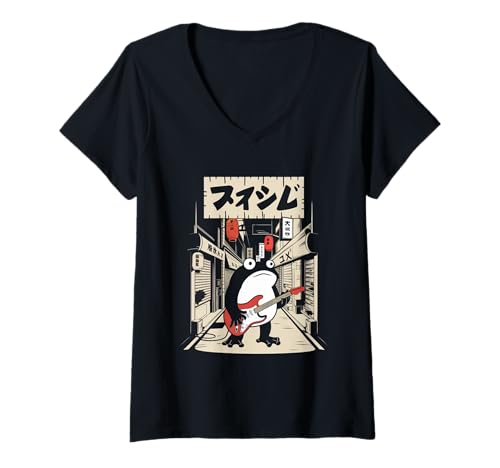 Damen Frosch Tshirt Gitarre Rockmusik Kawaii Japan Anime T-Shirt mit V-Ausschnitt von Gitarrist TShirt Japanische Frosch Rock musik