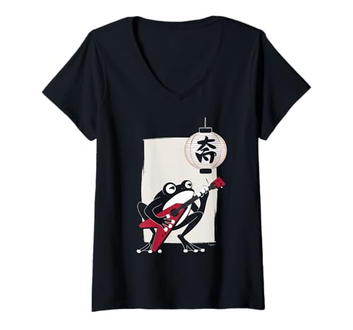 Damen Frosch Tshirt Gitarre Rockmusik Kawaii Japan Anime T-Shirt mit V-Ausschnitt Damen Frosch Tshirt Gitarre Rockmusik Kawaii Japan Anime T-Shirt mit V-Ausschnitt von Gitarrist TShirt Japanische Frosch Rock musik