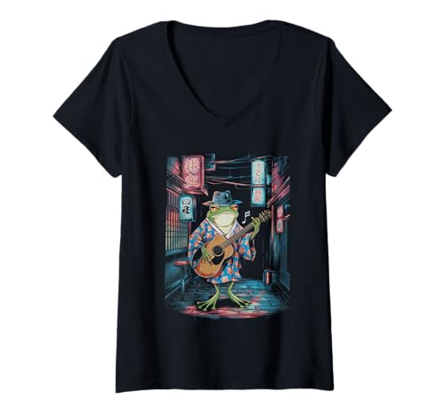 Damen Frosch Tshirt Gitarre Rockmusik Kawaii Japan Anime T-Shirt mit V-Ausschnitt von Gitarrist TShirt Japanische Frosch Rock musik