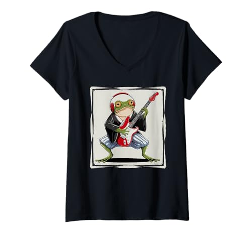 Damen Frosch Tshirt Gitarre Rockmusik Kawaii Japan Anime T-Shirt mit V-Ausschnitt Damen Frosch Tshirt Gitarre Rockmusik Kawaii Japan Anime T-Shirt mit V-Ausschnitt von Gitarrist TShirt Japanische Frosch Rock musik
