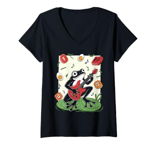 Damen Frosch Tshirt Gitarre Rockmusik Kawaii Japan Anime T-Shirt mit V-Ausschnitt Damen Frosch Tshirt Gitarre Rockmusik Kawaii Japan Anime T-Shirt mit V-Ausschnitt von Gitarrist TShirt Japanische Frosch Rock musik