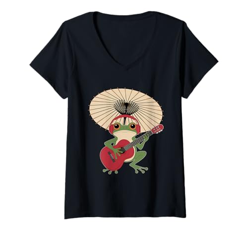 Damen Frosch Tshirt Gitarre Rockmusik Kawaii Japan Anime T-Shirt mit V-Ausschnitt Damen Frosch Tshirt Gitarre Rockmusik Kawaii Japan Anime T-Shirt mit V-Ausschnitt von Gitarrist TShirt Japanische Frosch Rock musik