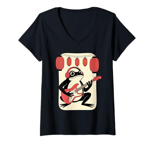 Damen Frosch Tshirt Gitarre Rockmusik Kawaii Japan Anime T-Shirt mit V-Ausschnitt Damen Frosch Tshirt Gitarre Rockmusik Kawaii Japan Anime T-Shirt mit V-Ausschnitt von Gitarrist TShirt Japanische Frosch Rock musik