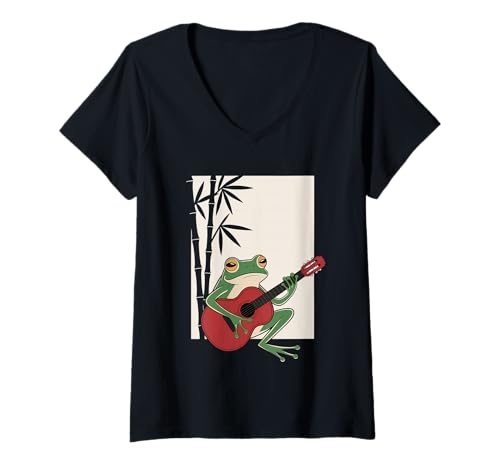 Damen Frosch Tshirt Gitarre Rockmusik Kawaii Japan Anime T-Shirt mit V-Ausschnitt Damen Frosch Tshirt Gitarre Rockmusik Kawaii Japan Anime T-Shirt mit V-Ausschnitt von Gitarrist TShirt Japanische Frosch Rock musik