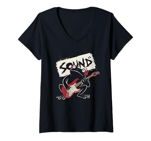 Damen Frosch Tshirt Gitarre Rockmusik Kawaii Japan Anime T-Shirt mit V-Ausschnitt Damen Frosch Tshirt Gitarre Rockmusik Kawaii Japan Anime T-Shirt mit V-Ausschnitt von Gitarrist TShirt Japanische Frosch Rock musik