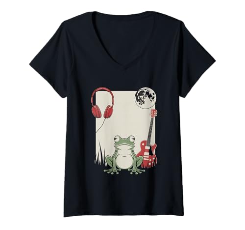Damen Frosch Tshirt Gitarre Rockmusik Kawaii Japan Anime T-Shirt mit V-Ausschnitt Damen Frosch Tshirt Gitarre Rockmusik Kawaii Japan Anime T-Shirt mit V-Ausschnitt von Gitarrist TShirt Japanische Frosch Rock musik