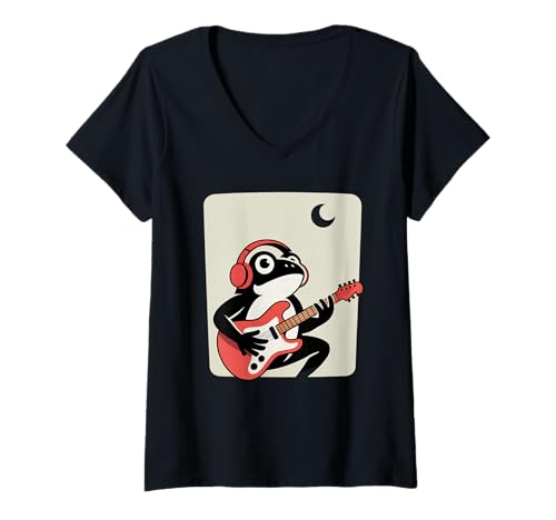 Damen Frosch Tshirt Gitarre Rockmusik Kawaii Japan Anime T-Shirt mit V-Ausschnitt Damen Frosch Tshirt Gitarre Rockmusik Kawaii Japan Anime T-Shirt mit V-Ausschnitt von Gitarrist TShirt Japanische Frosch Rock musik