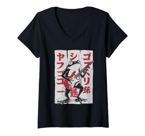 Damen Frosch Tshirt Gitarre Rockmusik Kawaii Japan Anime T-Shirt mit V-Ausschnitt Damen Frosch Tshirt Gitarre Rockmusik Kawaii Japan Anime T-Shirt mit V-Ausschnitt von Gitarrist TShirt Japanische Frosch Rock musik