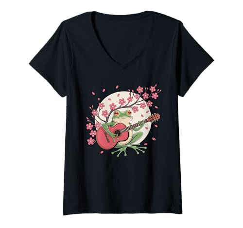 Damen Frosch Tshirt Gitarre Rockmusik Kawaii Japan Anime T-Shirt mit V-Ausschnitt Damen Frosch Tshirt Gitarre Rockmusik Kawaii Japan Anime T-Shirt mit V-Ausschnitt von Gitarrist TShirt Japanische Frosch Rock musik