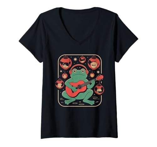 Damen Frosch Tshirt Gitarre Rockmusik Kawaii Japan Anime T-Shirt mit V-Ausschnitt Damen Frosch Tshirt Gitarre Rockmusik Kawaii Japan Anime T-Shirt mit V-Ausschnitt von Gitarrist TShirt Japanische Frosch Rock musik