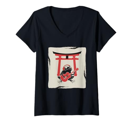 Damen Frosch Tshirt Gitarre Rockmusik Kawaii Japan Anime T-Shirt mit V-Ausschnitt Damen Frosch Tshirt Gitarre Rockmusik Kawaii Japan Anime T-Shirt mit V-Ausschnitt von Gitarrist TShirt Japanische Frosch Rock musik